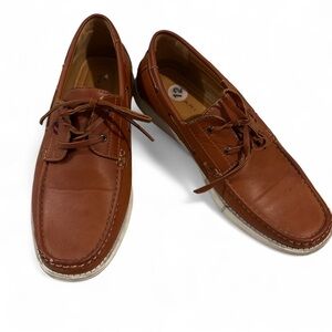 Tahari Men’s Brown Leather Boat Shoes Size 12 Moc Toe Stripe Casual Loafers